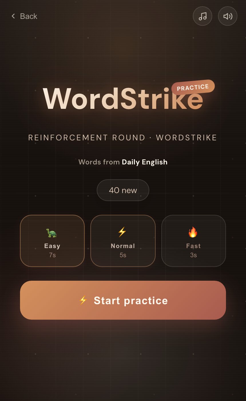 Game start screen showing the current wordbook and three difficulty settings