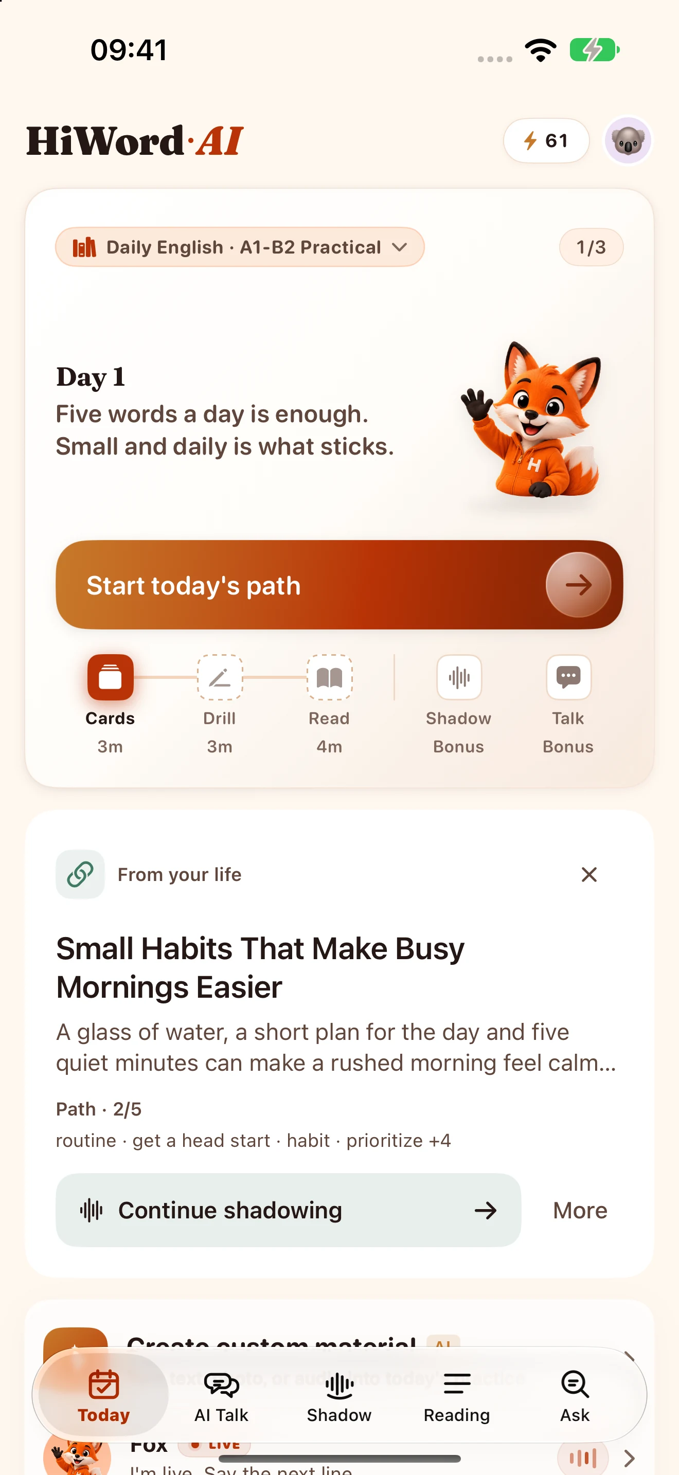 HiWord Today: daily learning path and your own English materials