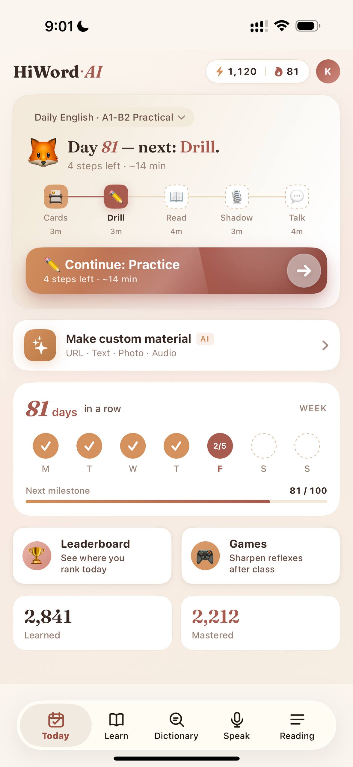 HiWord iOS Today screen — Daily English path, 81 day streak, fox coach